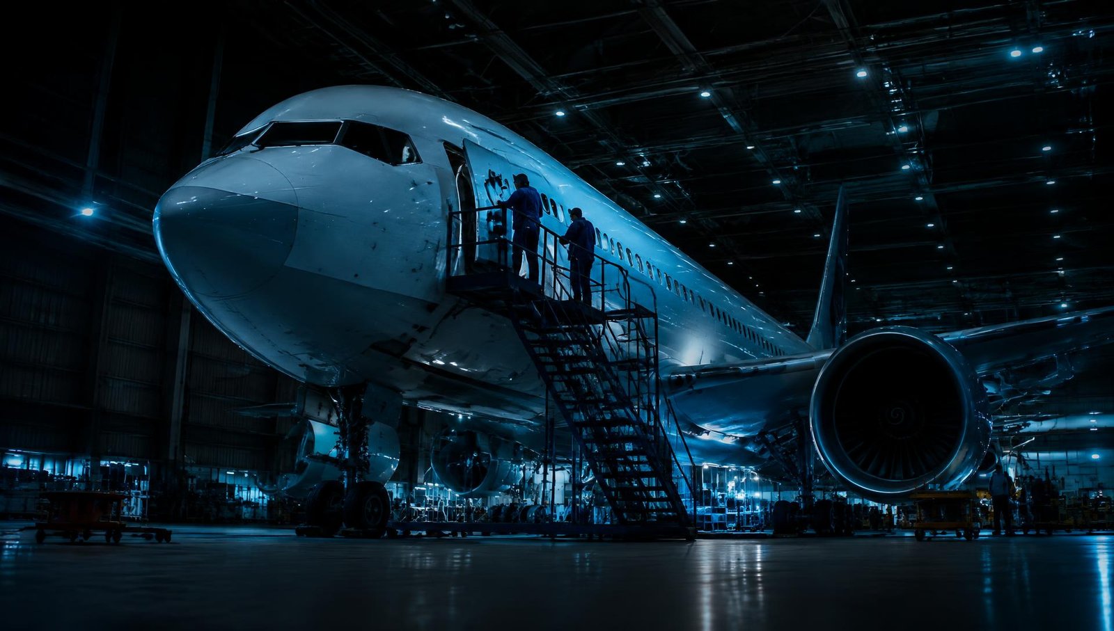 Commercial aircraft undergoing maintenance in a hangar